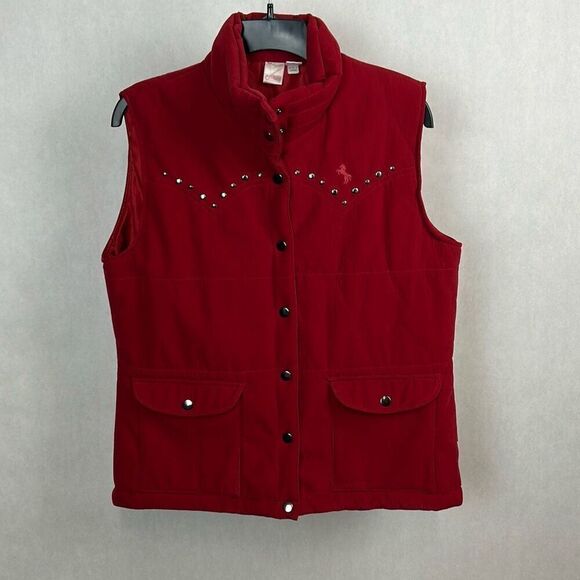Cowgirl Up Womens Vest Sz Large Red Equestrian Snaps Pockets Polyester Suede - Picture 1 of 9